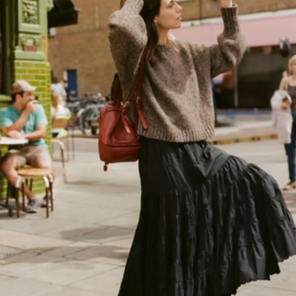 Christy Dawn Black Tiered Maxi Skirt with Brown Sweater Accent